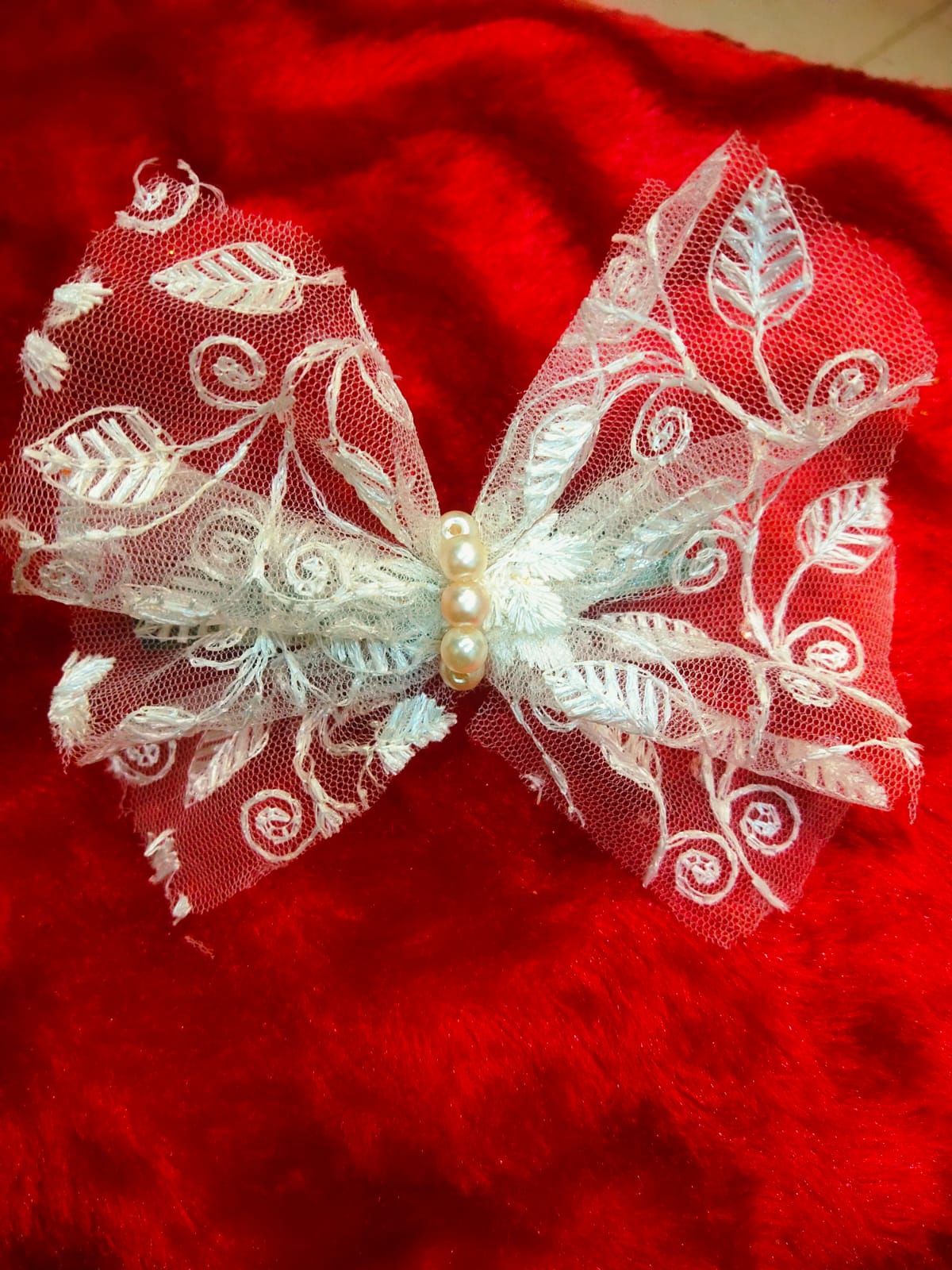 Handmade White Net Hair Clip with Pearl Center – Elegant Designer Bow Hair Accessory for Girls, Kids, and Women – Wedding, Party, Return Gift - Image 4