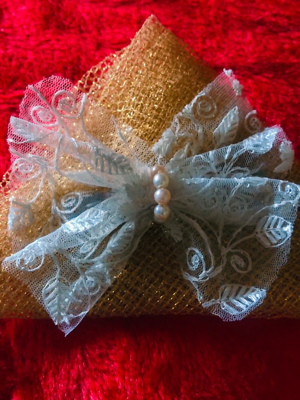 Handmade White Net Hair Clip with Pearl Center – Elegant Designer Bow Hair Accessory for Girls, Kids, and Women – Wedding, Party, Return Gift