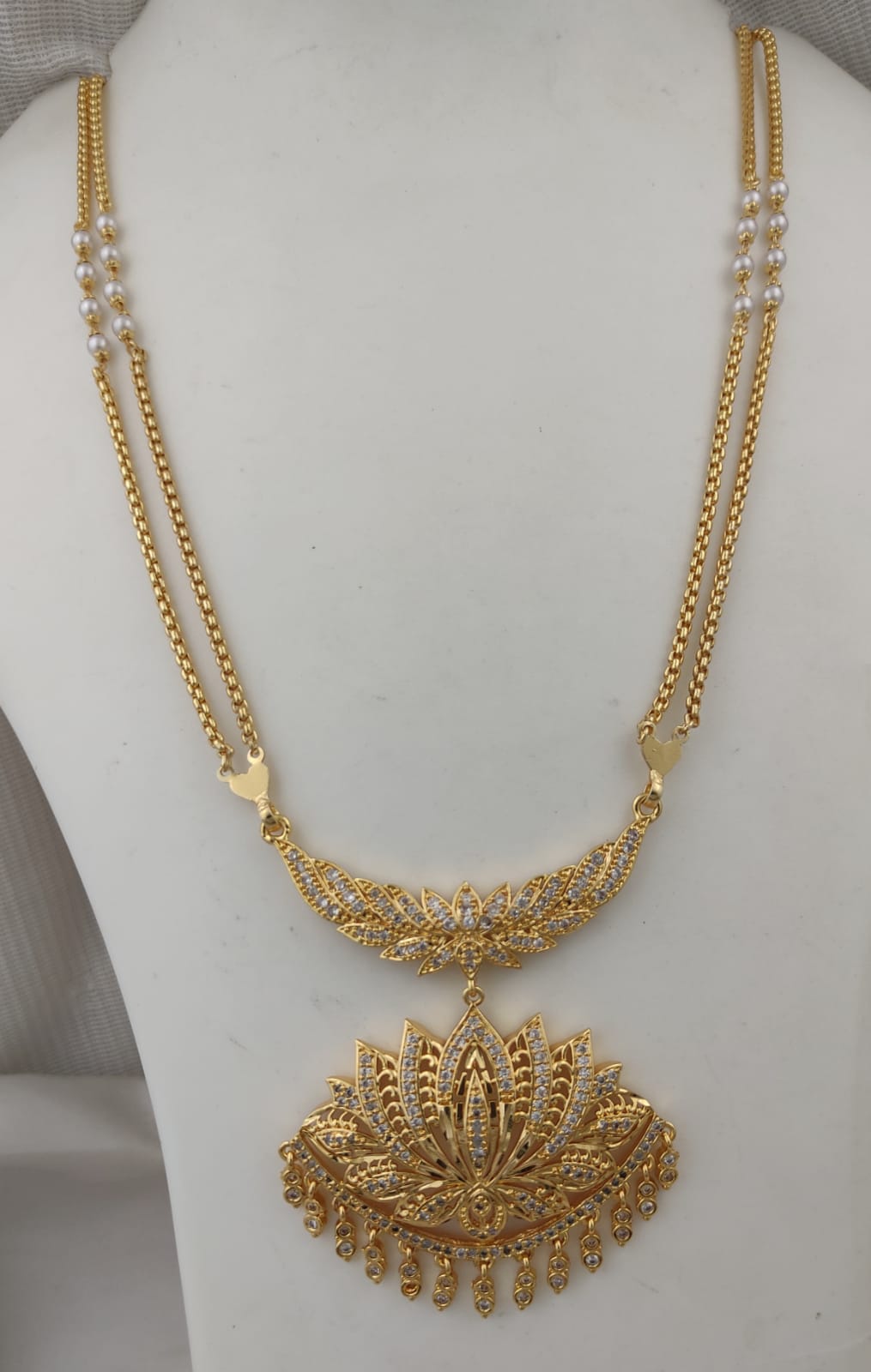 Impon Gold-Plated AD Lotus Pendant Necklace with Pearls – Traditional Statement Piece