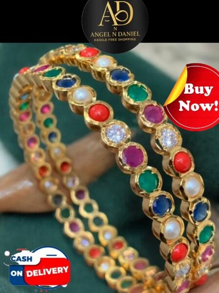Set of 2 Navratan Stone Impon Gold-Plated Bangle for Women – Traditional Design, Lightweight & Festive Wear