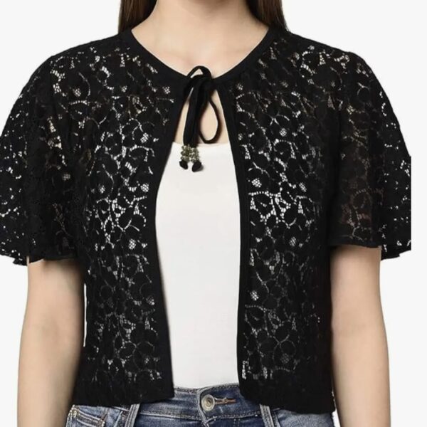 Angelina & Co Women's Black Floral Lace Sheer Shrug – Short Sleeve Designer Partywear Top/Shrug