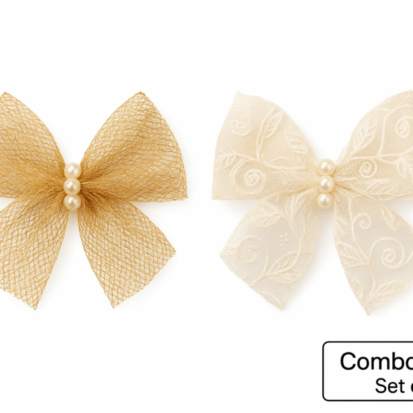 Decorative Satin Ribbon and Net Bows Set, White and Gold Bow with Pearl Beads, Hair Accessories