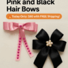 Decorative Satin Ribbon Bows Set, Pink and Black with Pearl Beads, Hair Accessories