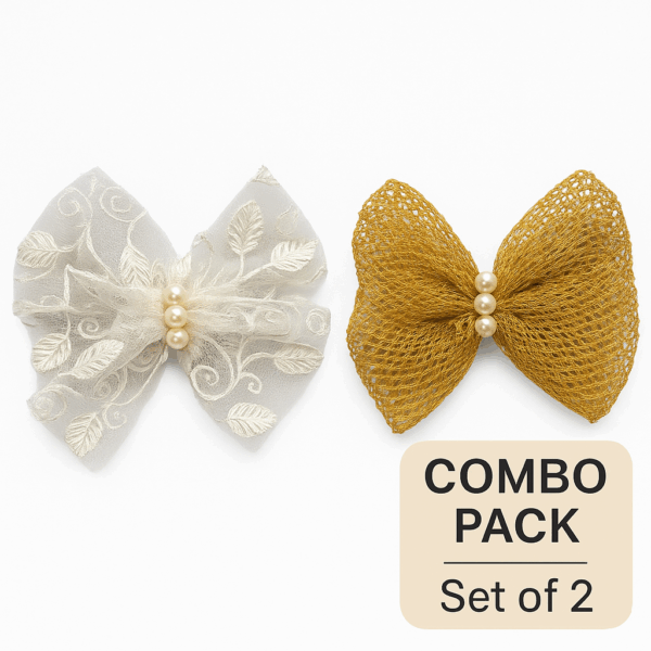 Decorative Satin Ribbon and Net Bows Set, White and Gold Bow with Pearl Beads, Hair Accessories 1