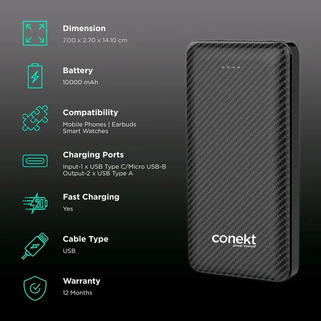 conekt Zeal Proton Pro 10000 mAh Fast Charging Power Bank (1 Micro USB Type B, 1 Type C & 2 Type A Ports, ABS Casing, LED Charging Indicator, Black) - Image 3