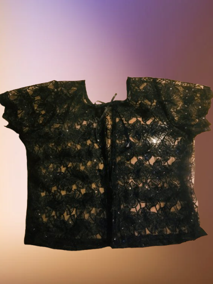 Women's Black Floral Lace Sheer Shrug – Short Sleeve Designer Partywear Top/Shrug
