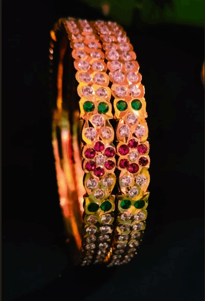 Elegant Gold Plated Impon Bangles with Red and Green American Diamond Stones – Traditional Design for Women – Festive & Wedding Wear