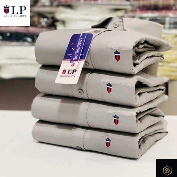 Louis Philippe Grey Melange Cotton Shirt – Embroidered Sleeve Logo