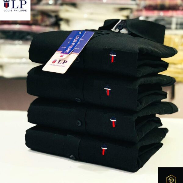 Louis Philippe Black Cotton Shirt – Embroidered Sleeve Logo