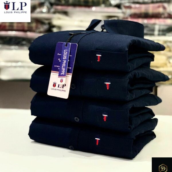 Louis Philippe Navy Blue Cotton Shirt – Embroidered Sleeve Logo